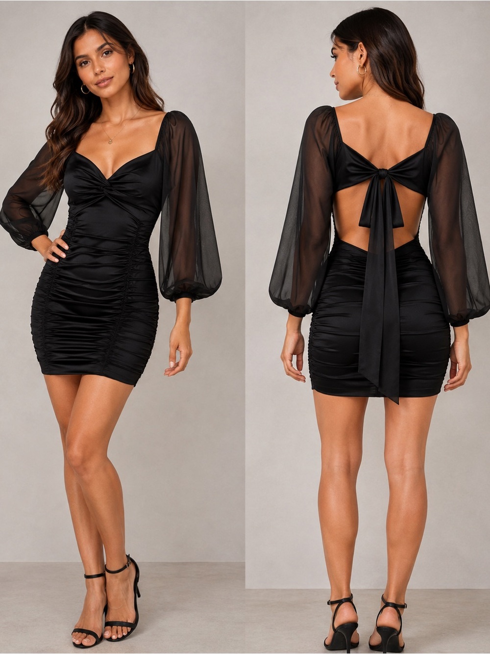 B. Darlin Black Ruched Open Back Bodycon Mini Dress Sheer Balloon Sleeves M